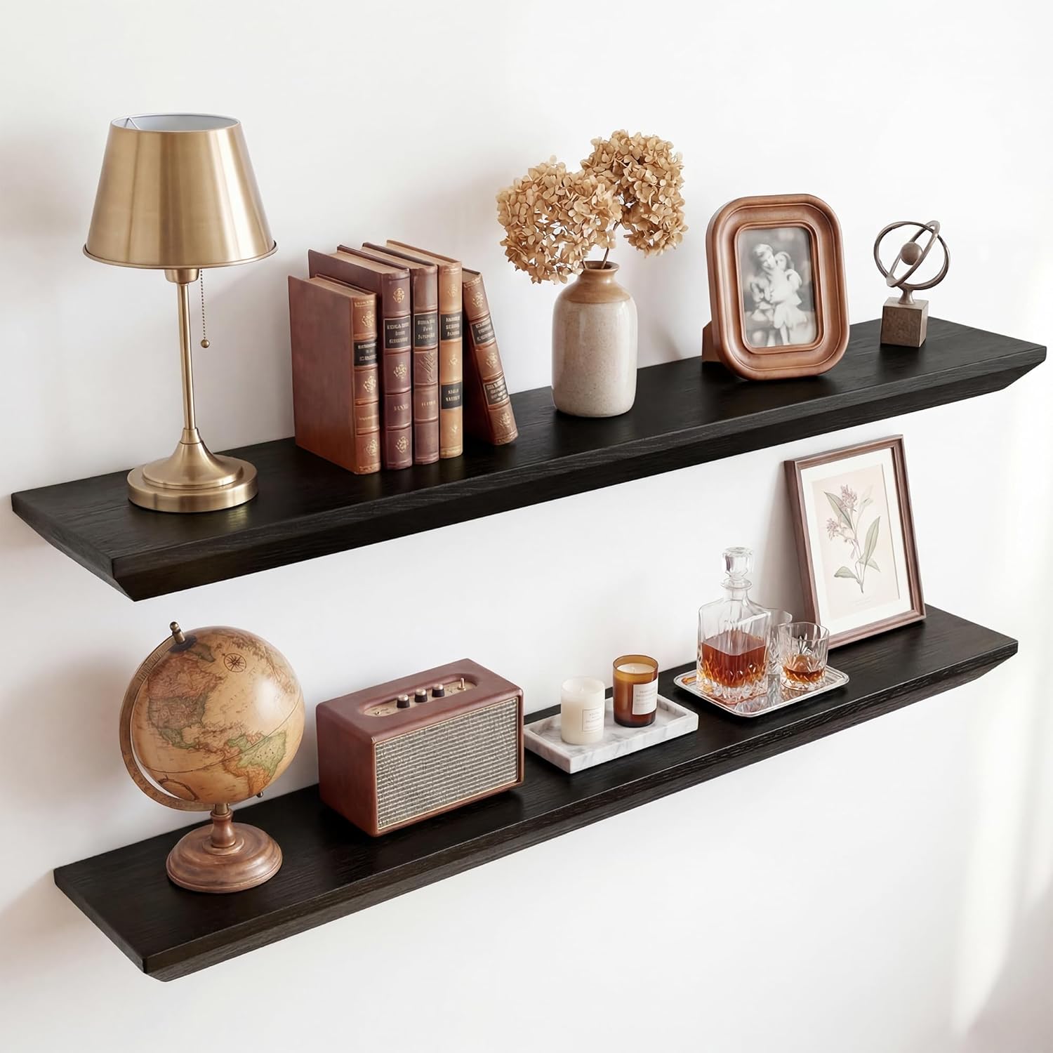 Acvoy 36in Wooden Floating Shelves, Natural Spruce Wood Floating Shelf for Wall, Wall Shelves for Living Room Bathroom Bedroom Kitchen, Rustic Black, Set of 2
