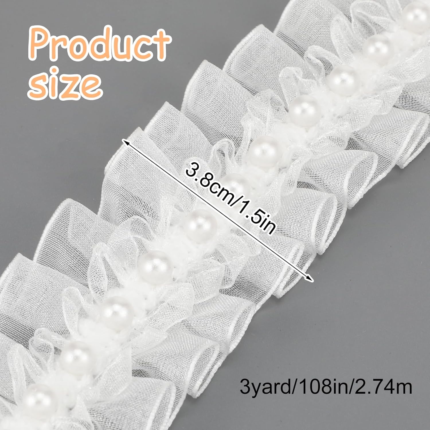 3 Yards White Lace Ribbon, 1.5 Inch Pearl Beads Pleated Edge Trim Organza Ruffle Trim for Sewing Clothes Dresses Collar Curtain Gift Wrapping Bouquet Wedding Decoration
