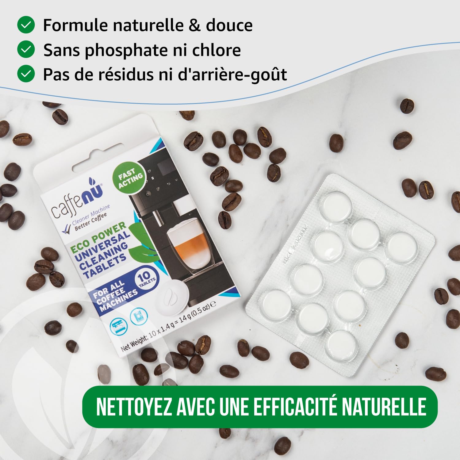 Caffenu Tablettes de nettoyage pour machine à café | 10 tablettes de 1,4 g | utilisées toutes les 100 tasses | pour voiture