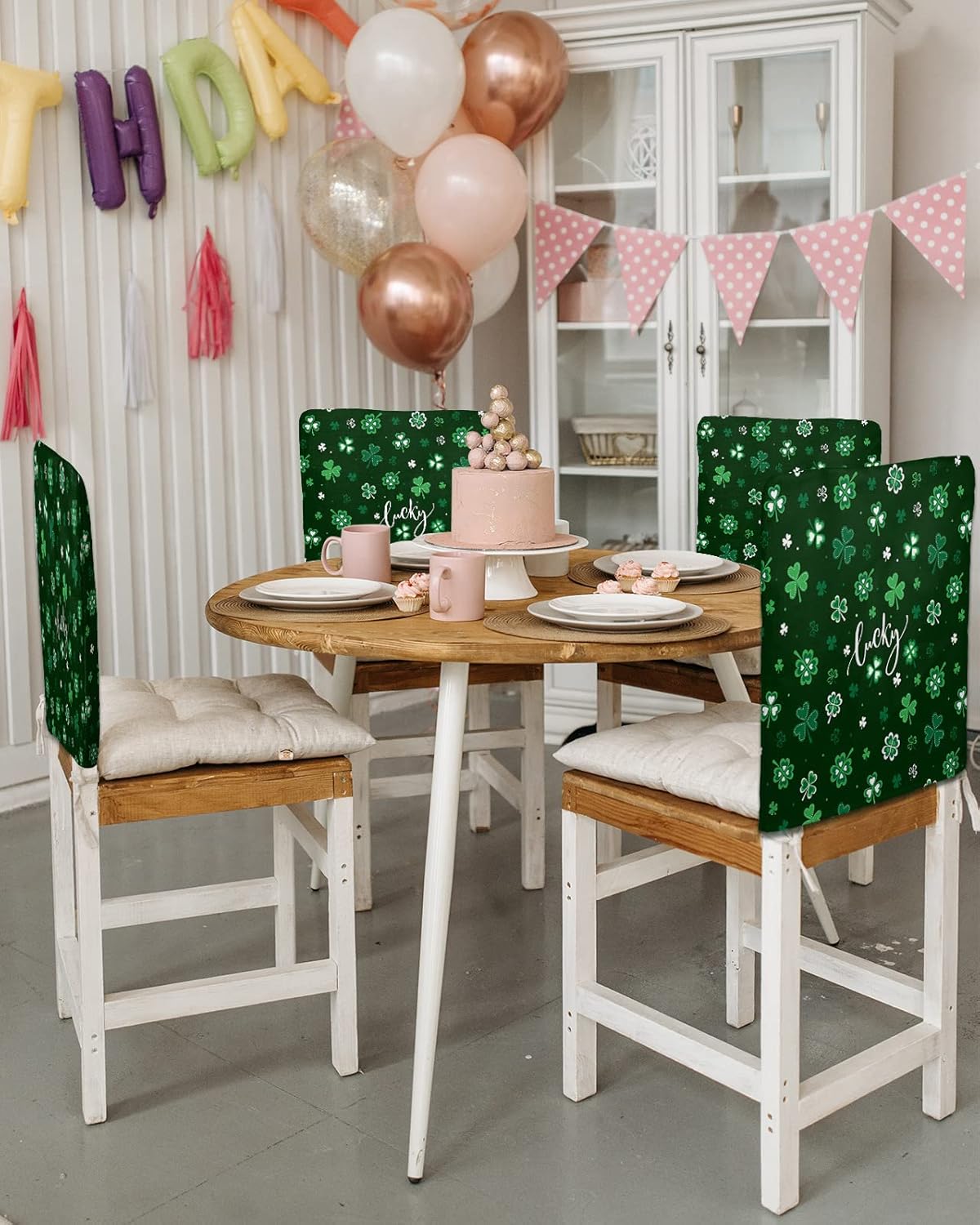 DecorLovee St. Patrick's Day Chair Back Cover, Dining Chair Protector Covers, Lucky Clover Green Saint Patrick's Day Chair Covers Removable Chair Slipcovers for Weeding Banquet Party 19"x18", 4 Pack