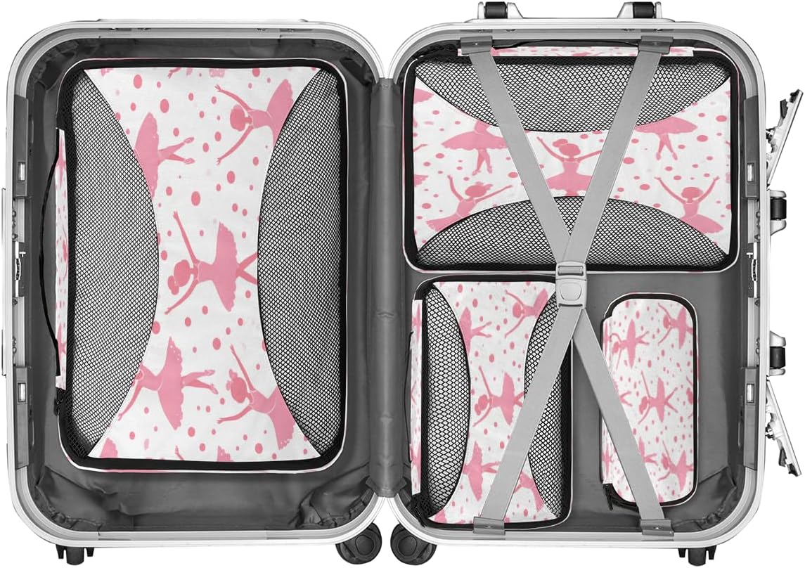 Pink Dancing Girl Polka Dots 4 Set Packing Cubes Packing Cubes for Women Lightweight Travel Essential Bag Clothes Carry on Suitcase Bags for Accessories Essentials