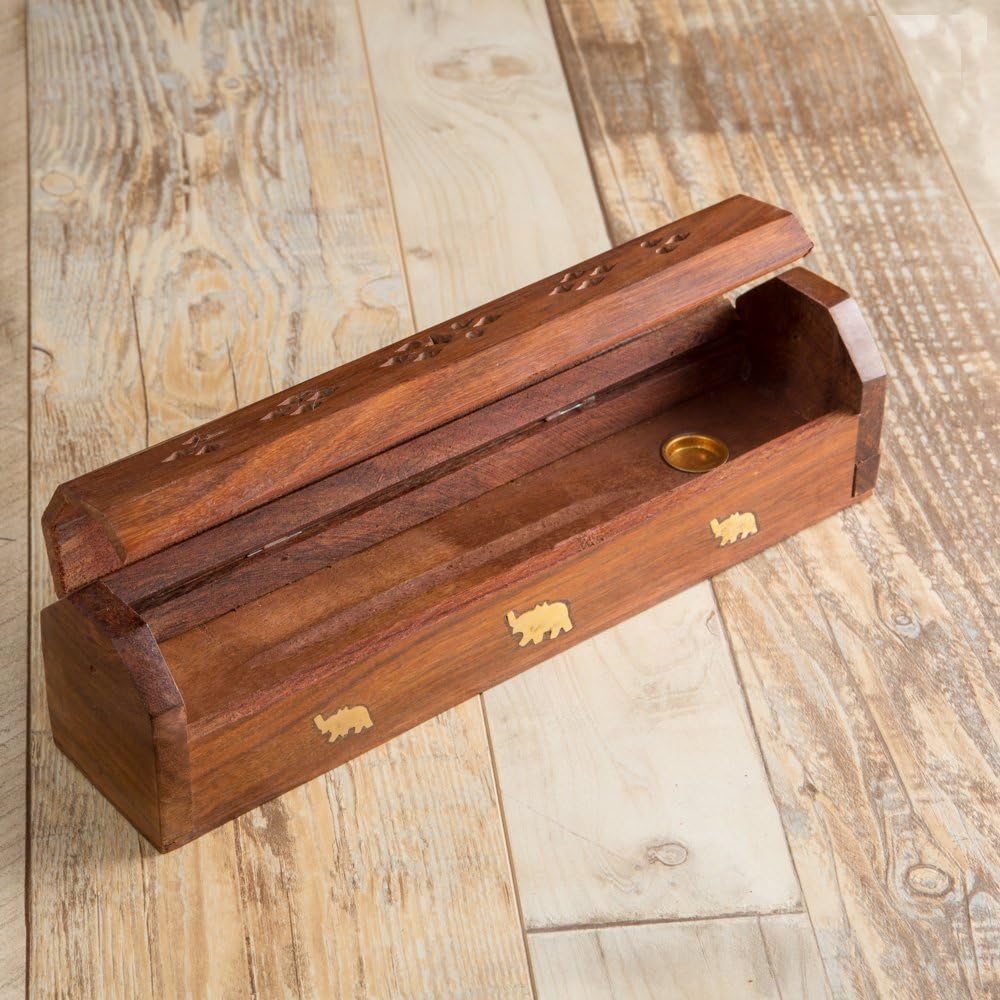 Wooden Coffin Incense Stick Cone Burner Holder Stand with Storage Compartment Ash Catcher | 10 Inches