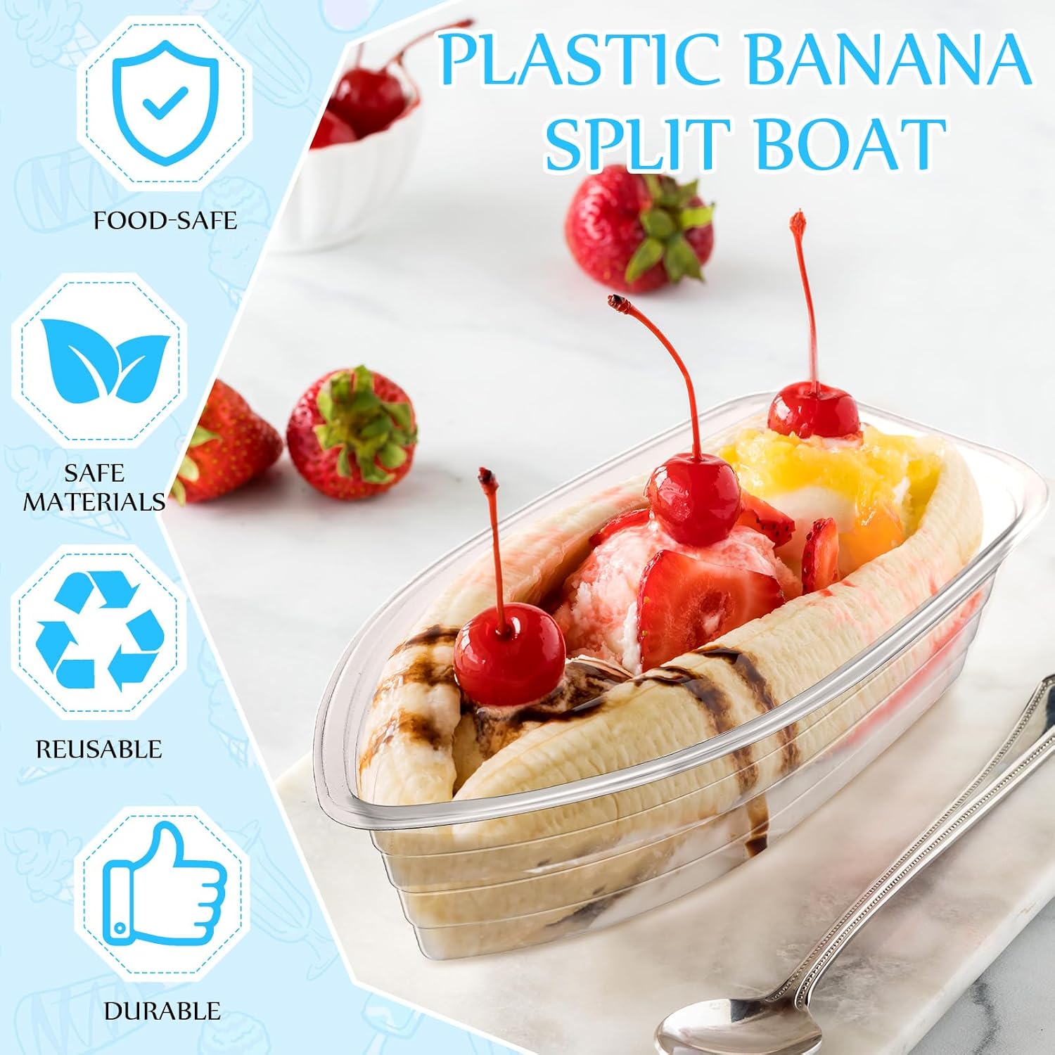 Meanplan 100 Sets 12 oz Banana Split Boats with 100 Wooden Spoons