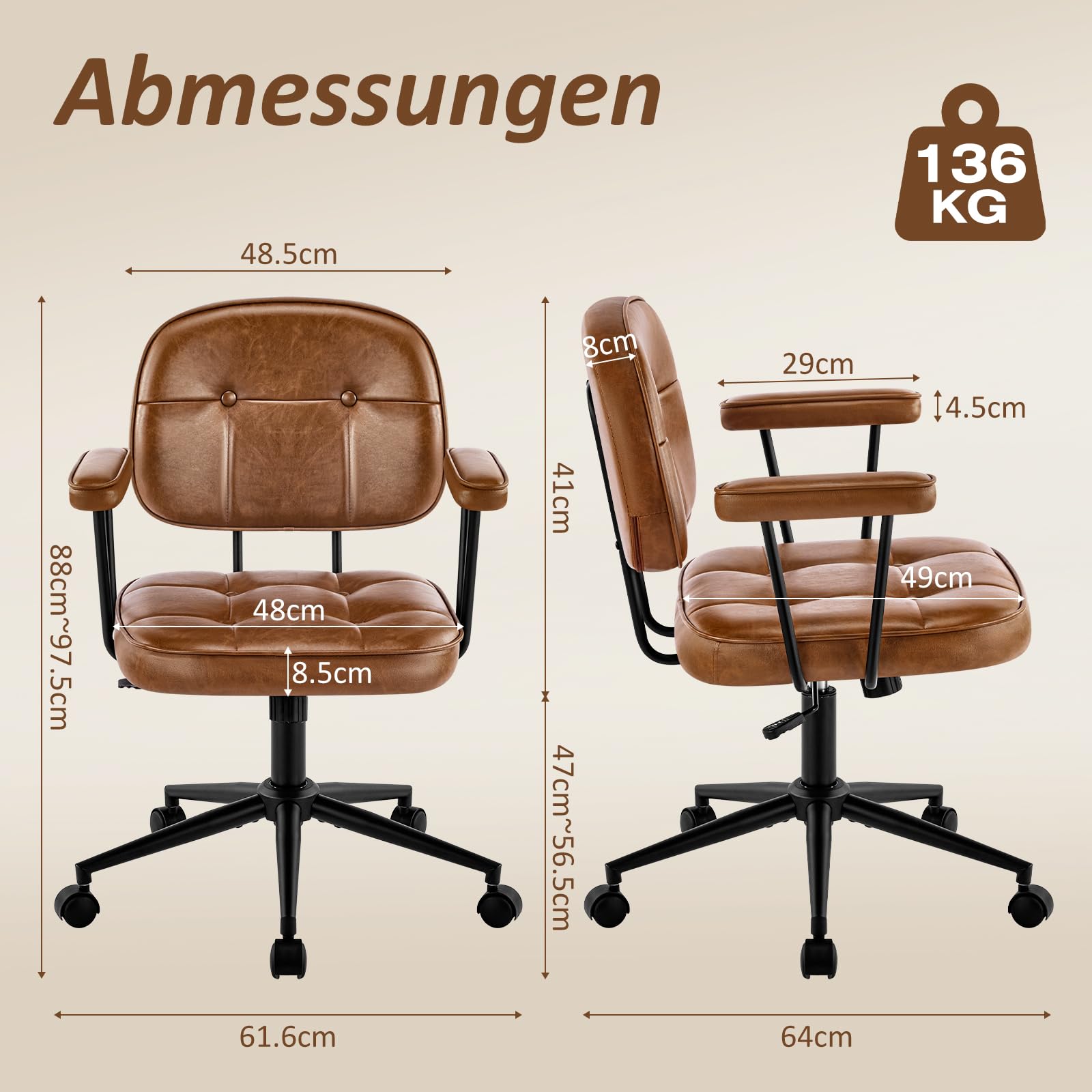 Hellove Schreibtischstuhl Bürostuhl Ergonomisch mit Armlehnen PU Leder 360° Drehstuhl Höhenverstellbarer Computerstuhl für Arbeitszimmer Homeoffice Büro Wohnzimmer Schlafzimmer, Braun