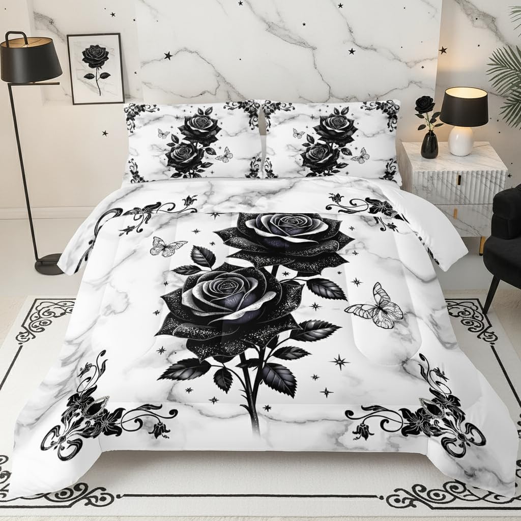 QOOMO Black Flowers Bedding Set, Full Size