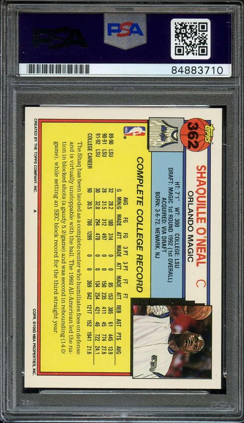 1992-93 Topps GOLD #362 Shaquille O'Neal ROOKIE RC PSA 10 Graded Basketball Card NBA 1992 1993 Shaq ONeal 92 93 GEM MT MINT