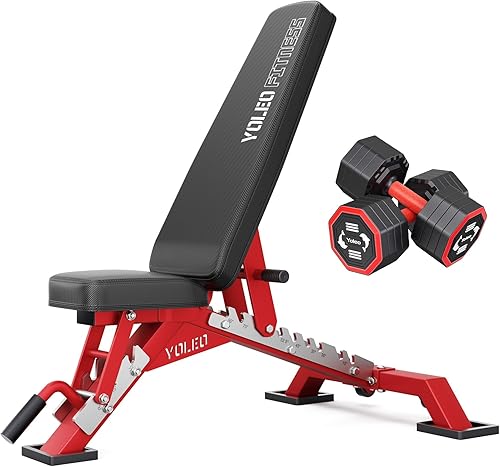 Miniatura 10 de YOLEO Banco de pesas ajustable comercial, máximo 2300 libras, banco de entrenamiento resistente para gimnasio en casa, prensa de banco Rojo -,Rojo