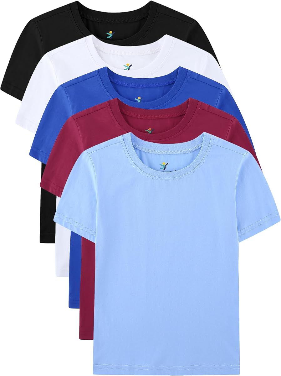 Pack de 5 camisetas de niño, 100% algodón, camisetas de manga corta y cuello redondo para niños, ropa escolar,diaria y deportiva, de 4 a 16 años