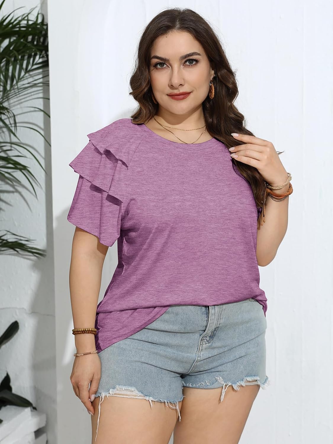 TAKEYAL Womens Plus Size Tops Ruffle Short Sleeve Crew Neck Solid T Shirts Casual Blouses Tunic Top 1XL-5XL - Image 4