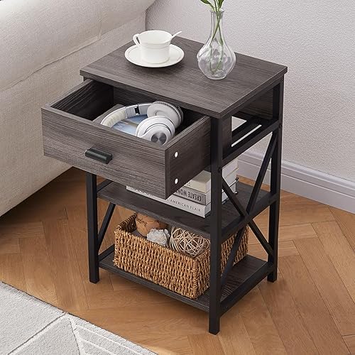 Miniatura 8 de LVB Juego de 2 mesitas de noche industriales, mesita de noche pequeña y moderna con cajón, mesa auxiliar estrecha de metal de madera con estante de