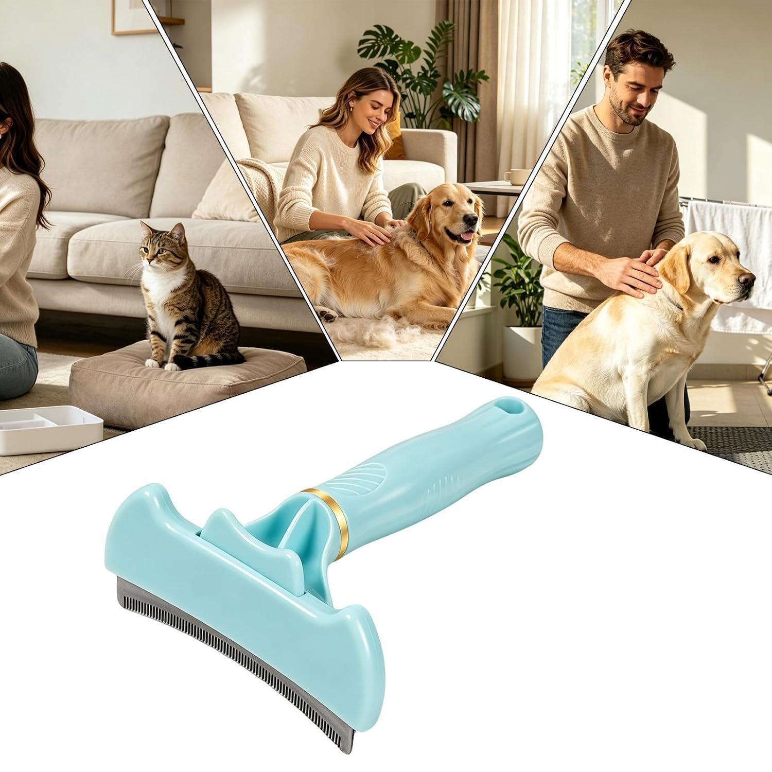 Ergonomic Dog Shedding Brush Self Cleaning Rounded Teeth Handle, Dog Hair
