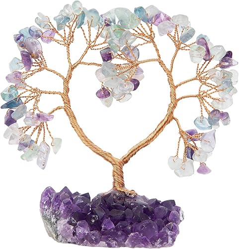 Árbol de la vida de cristal de corazón con base de cristal de amatista natural, decoración espiritual de habitación para Reiki Feng Shui de buena