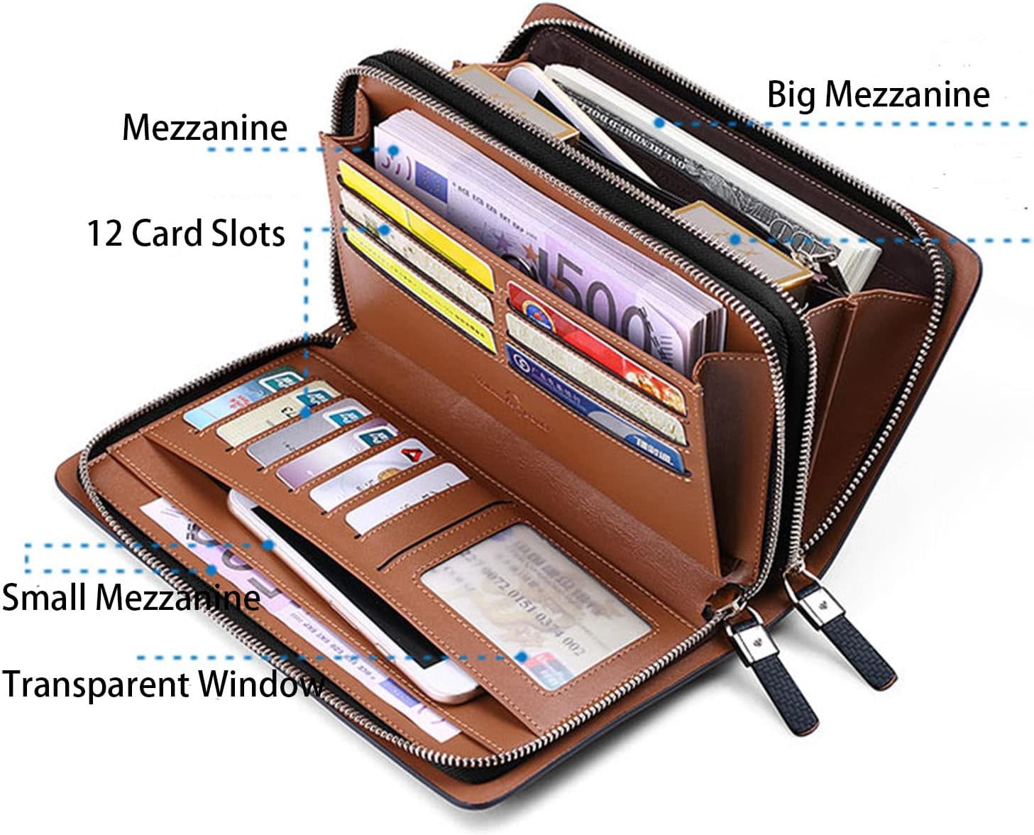 VANNANBA Men Clutch Wallet Large Leather Clutch Bag Business Double Zip Handbag Blue Black - Image 2