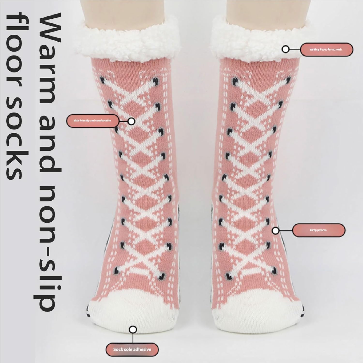 Warm Cozy Fuzzy Slipper Socks, Cashmere Fleece Lined Socks with Non-Slip Silicone Grip Dots, Ultra-Thick Cute Slipper Home Socks for Women Men