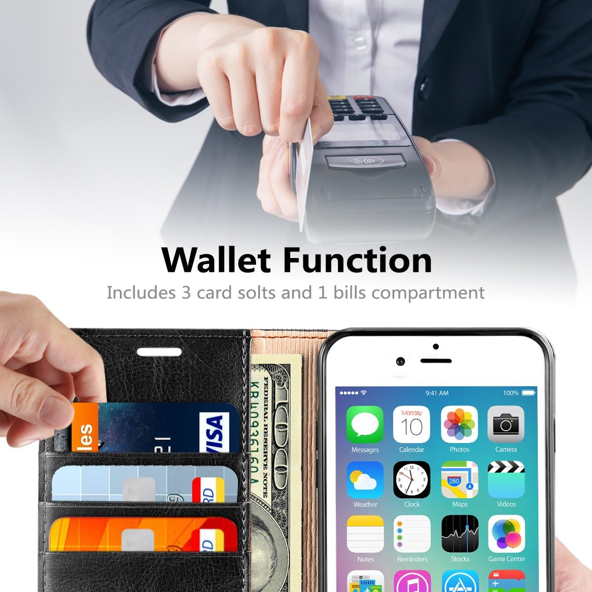 Belemay Compatible with iPhone 8 Wallet Case, Compatible with iPhone 8 Case, [Genuine Cowhide Leather Case] [RFID Blocking] Card Holder Slots Folio Book Flip Cover with Kickstand, Cash Pocket, Black