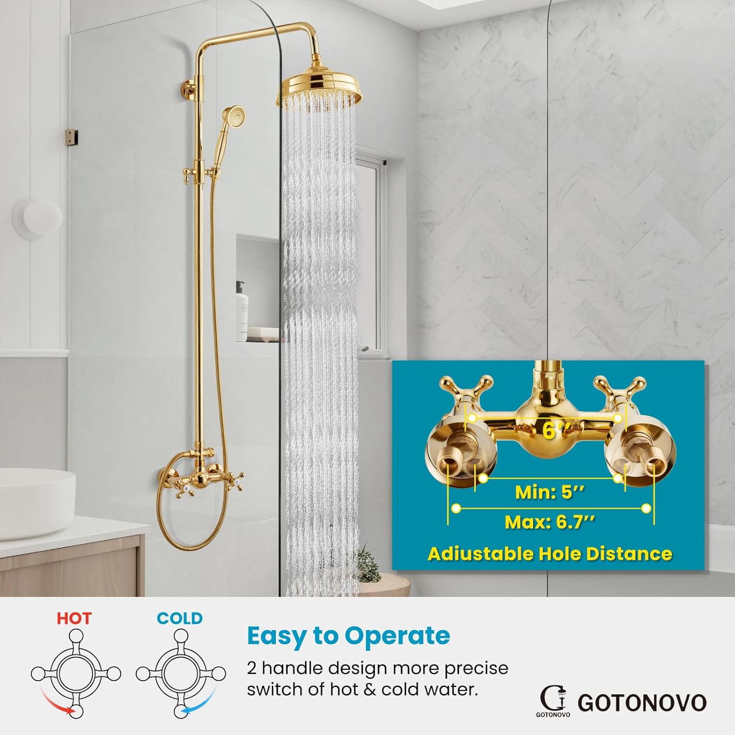 gotonovo Bathroom Exposed Shower Fixtures 8 Inch Rain Showerhead Double Cross Handles 2 Function Wall Mount Shower Faucet Set, Brass Handheld Spray, Polish Gold