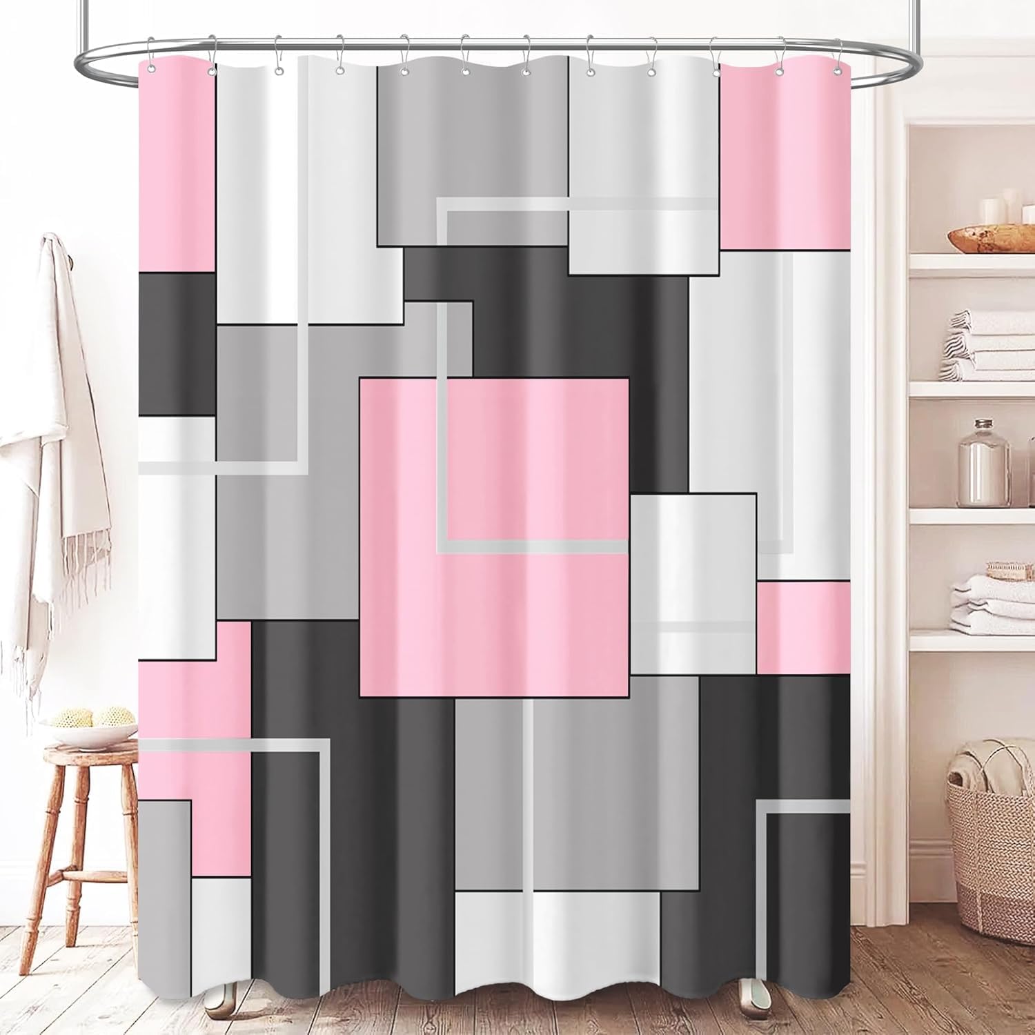 BTTN Stall Fabric Shower Curtain - 54 x 78 Inches Long Geometric Waterproof Cloth Shower Curtain Set with 10 Plastic Hooks, Narrow Modern Abstract Polyester Shower Curtains for Bathroom - Navy Blue