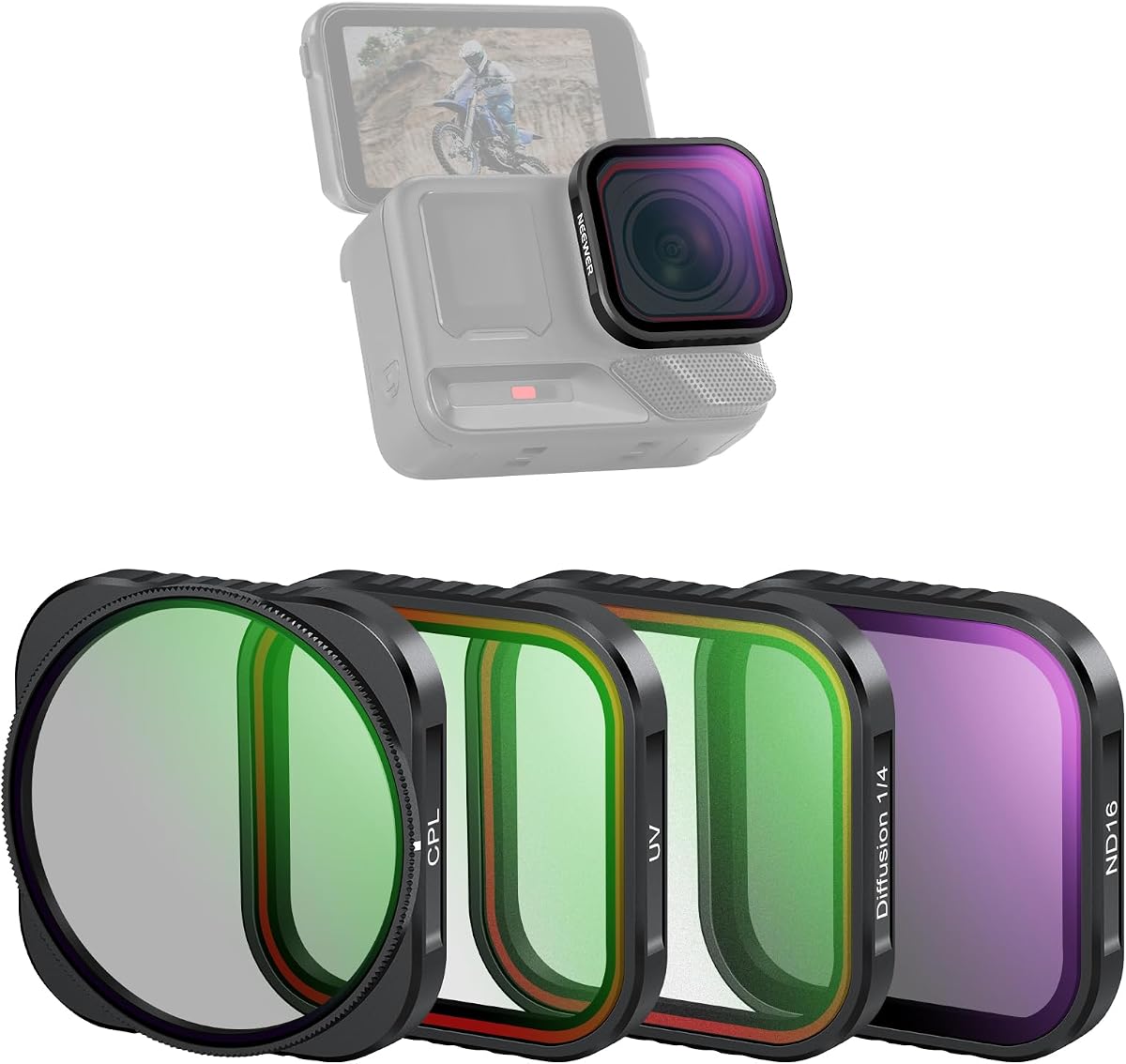 NEEWER 4 Pack ND Filter Set Compatible with Insta360 Ace Pro & Ace Pro 2, ND16/Adjustable CPL/UV/Black Diffusion 1/4 Filter for Mist Cinematic Effect, NOT for Round Octagonal Lens Guard, FL-C29