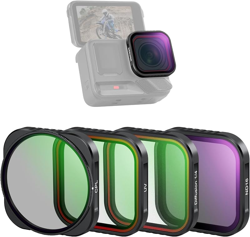 NEEWER 4 Pack ND Filter Set Compatible with Insta360 Ace Pro & Ace Pro 2, ND16/Adjustable CPL/UV/Black Diffusion 1/4 Filter for Mist Cinematic Effect, NOT for Round Octagonal Lens Guard, FL-C29