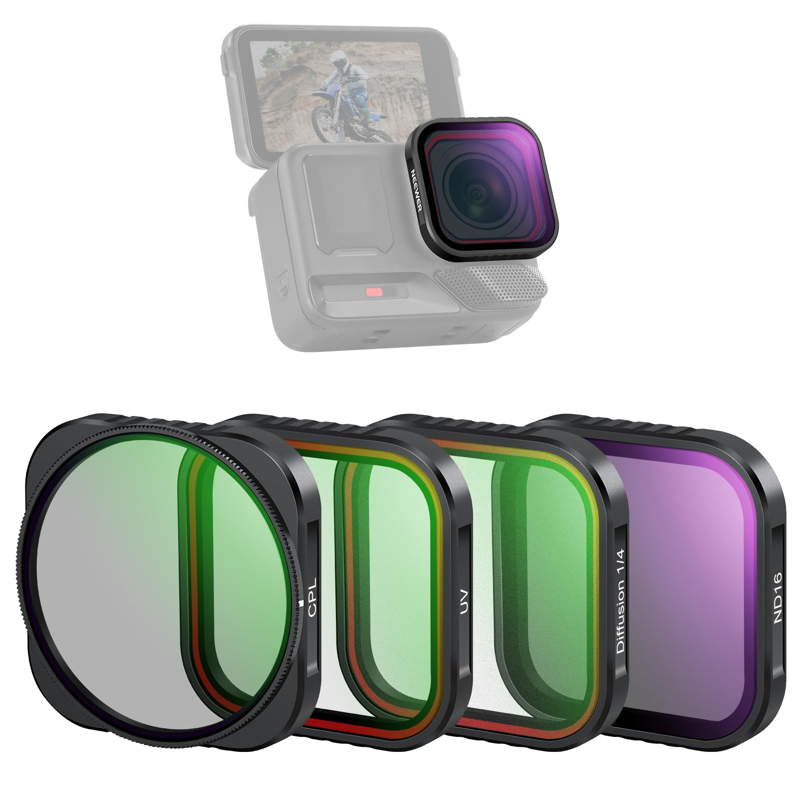 NEEWER ND-filter compatibel met Insta360 GO 2/GO 3, 4-pack (CPL/ND8/ND16/ ND32) accessoires voor actiecamera's, polarisatiefilters met neutrale dichtheidsfilters met multi-nano-gecoat HD optisch glas NEEWER ND-filter compatibel met Insta360 GO 2/GO 3, 4-pack (CPL/ND8/ND16/ ND32) accessoires voor actiecamera's, polarisatiefilters met neutrale dichtheidsfilters met multi-nano-gecoat HD optisch glas