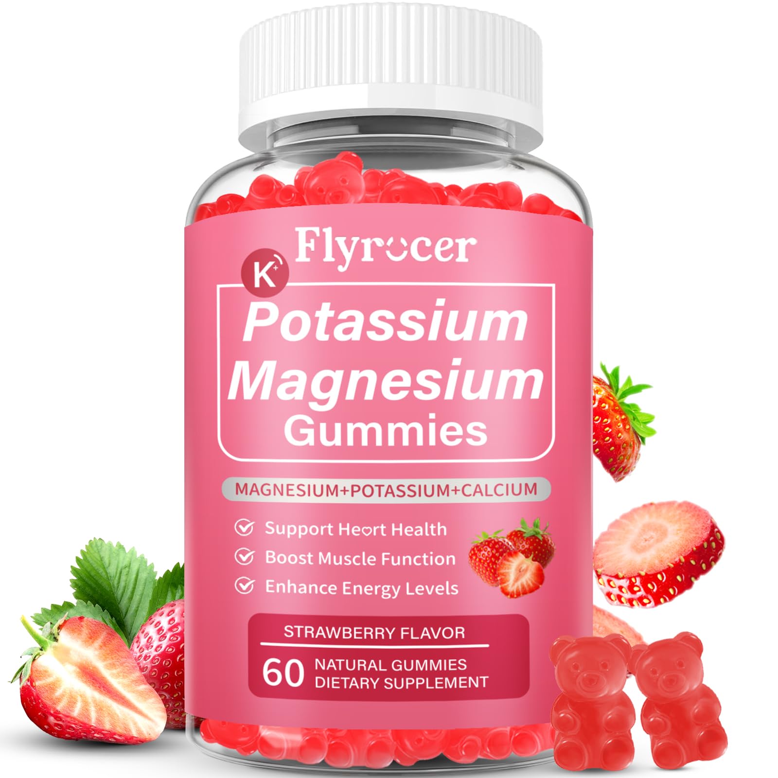 Potassium Magnesium Gummies for Men & Women, Potassium Magnesium Supplement for Leg Cramps, Muscle Health, & Electrolyte Balance, Strawberry Flavor, 60 Gummies 60 Count (Pack of 1)