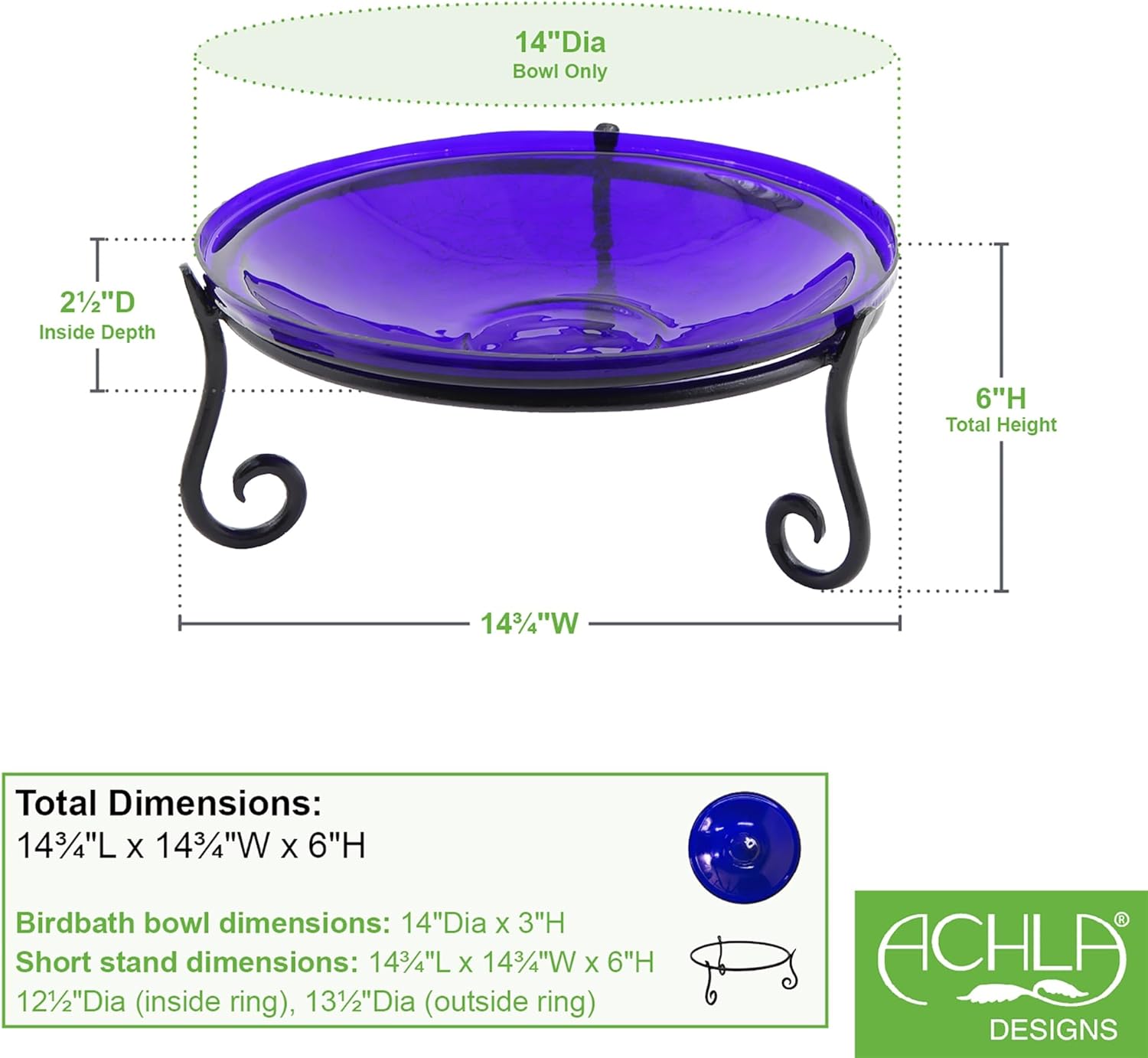 14" Cobalt Blue Crackle Birdbath- Short Stand II