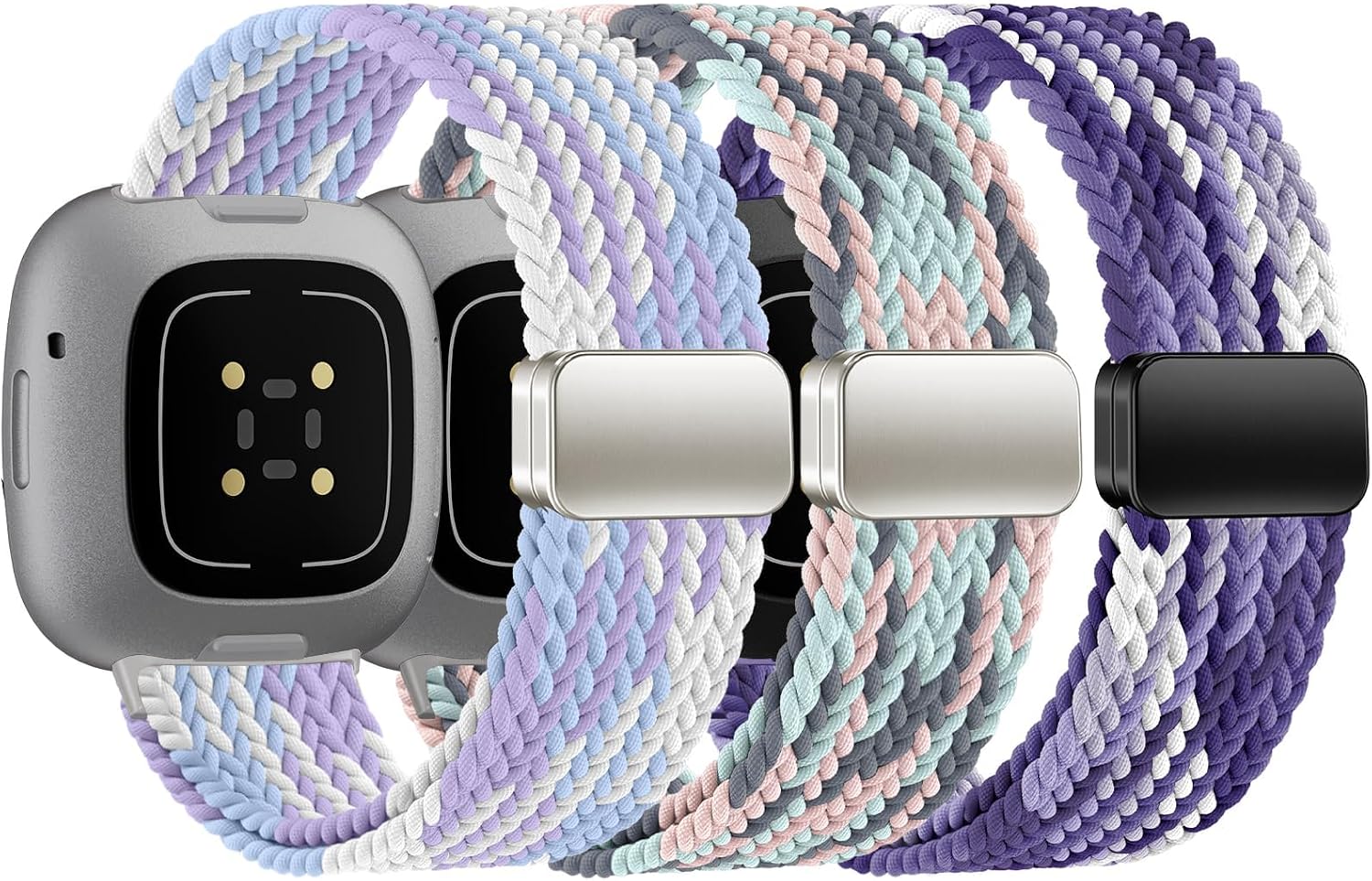 HSWAI Magnetic Braided Compatible with Fitbit Versa 4 Bands for Women/Versa 3/Sense/Sense 2 Bands, Soft Stretchy Sport Strap Woven Loop Elastic Nylon Wristbands Men