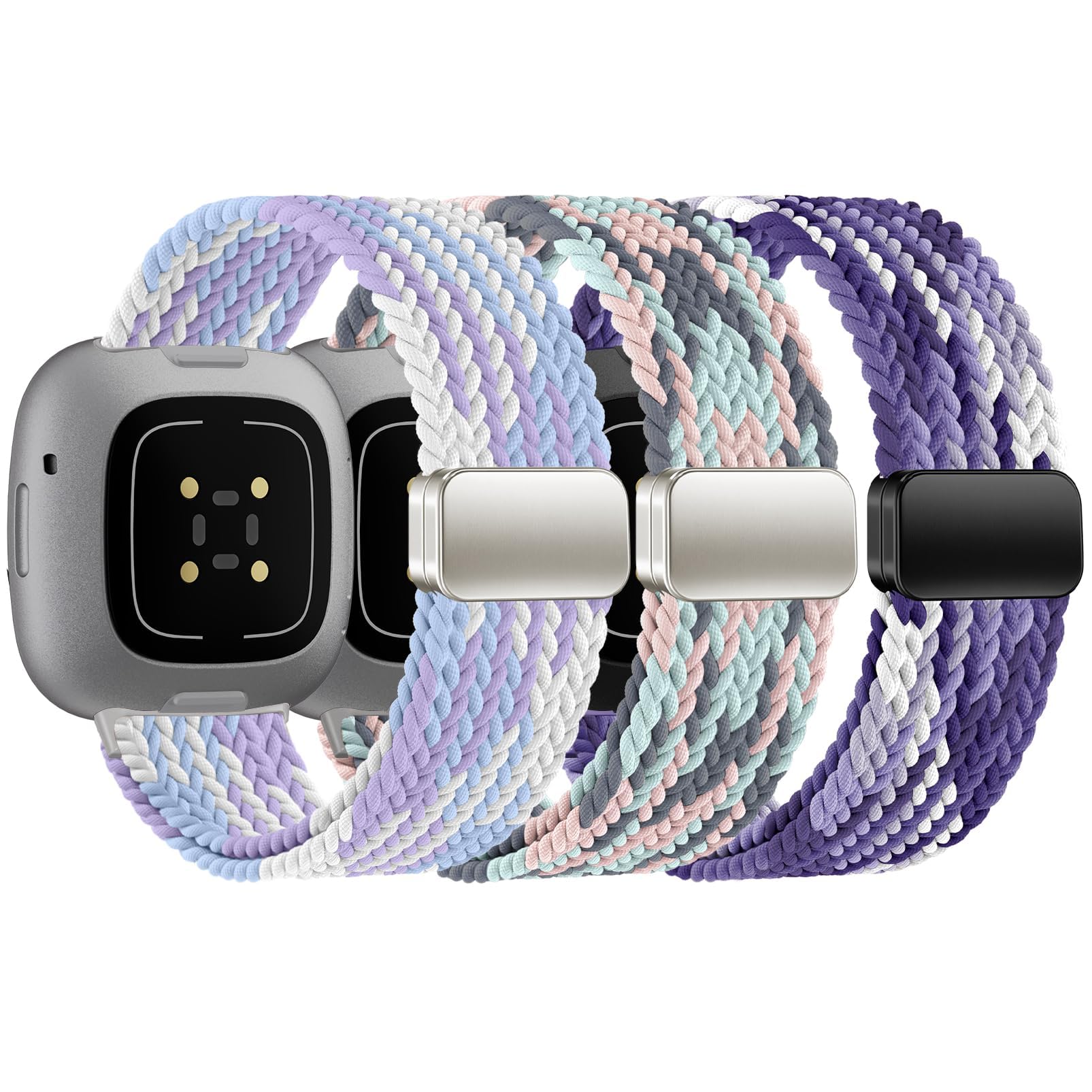 HSWAI Magnetic Braided Compatible with Fitbit Versa 4 Bands for Women/Versa 3/Sense/Sense 2 Bands, Soft Stretchy Sport Strap Woven Loop Elastic Nylon Wristbands Men