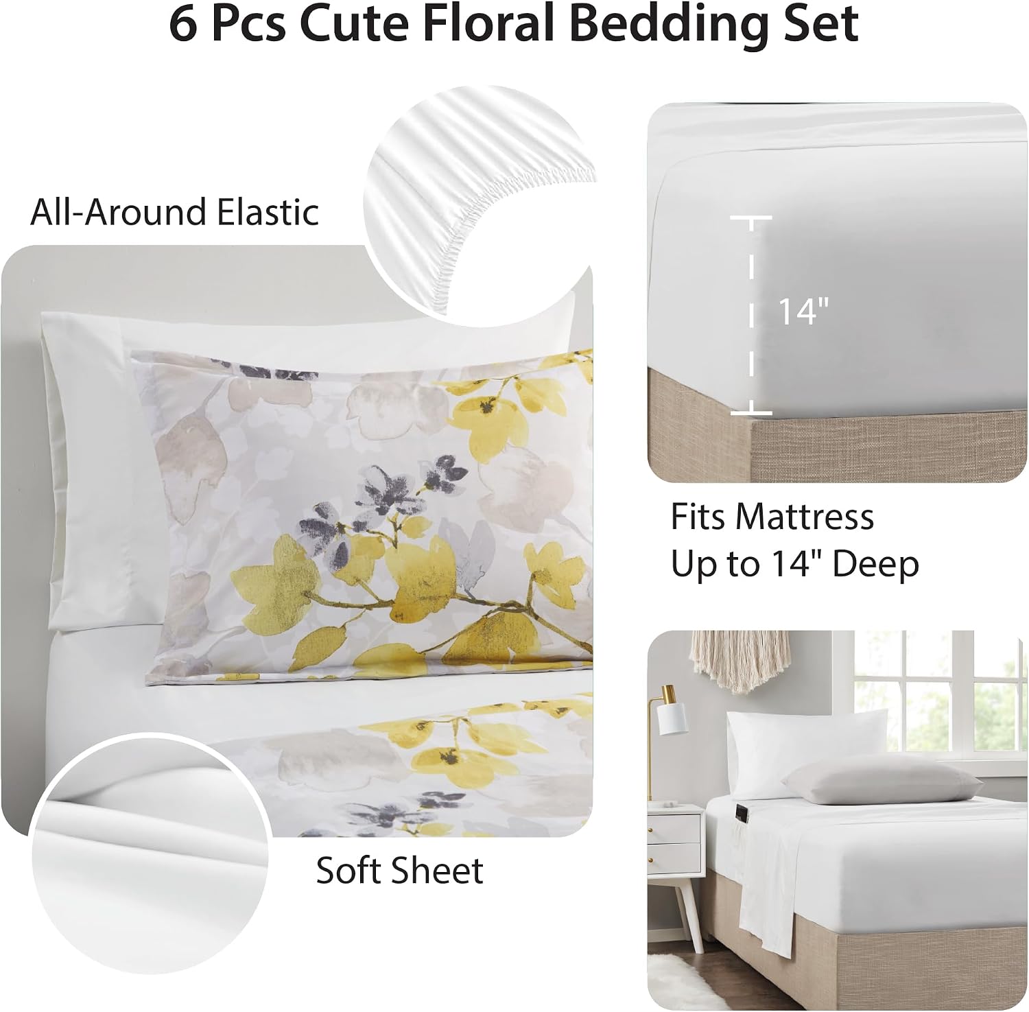 Twin Comforter Set Yellow Bed Set, 6 Pieces Cute Floral Bedding Set Ultra Soft Botanical Flowers Comforter, Sheets, Pillowcase & Sham
