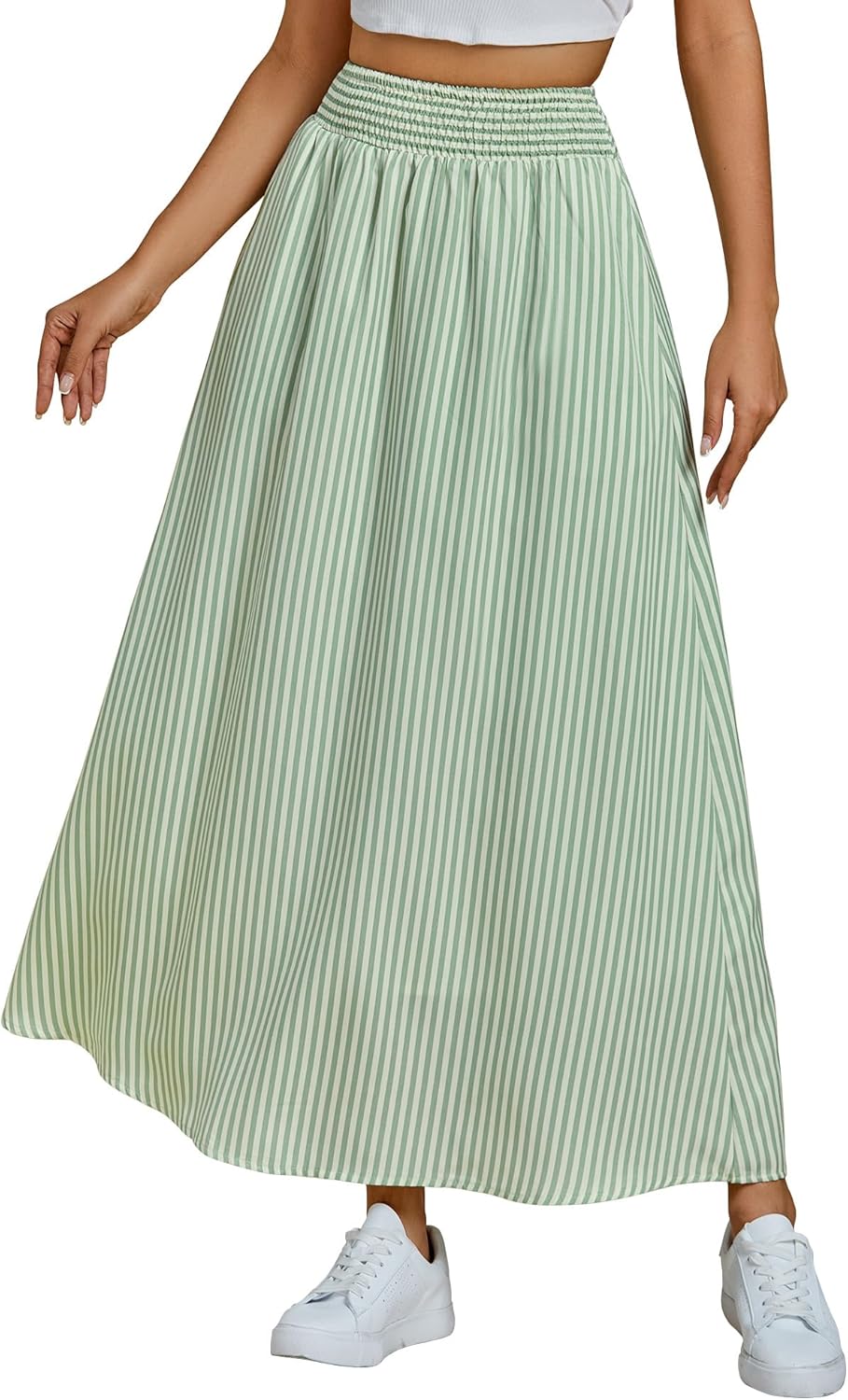 luvamia Striped Skirts for Women Maxi Long Flowy Trendy Smocked Elastic Waist Summer Beach Vacation Skirt with Pockets