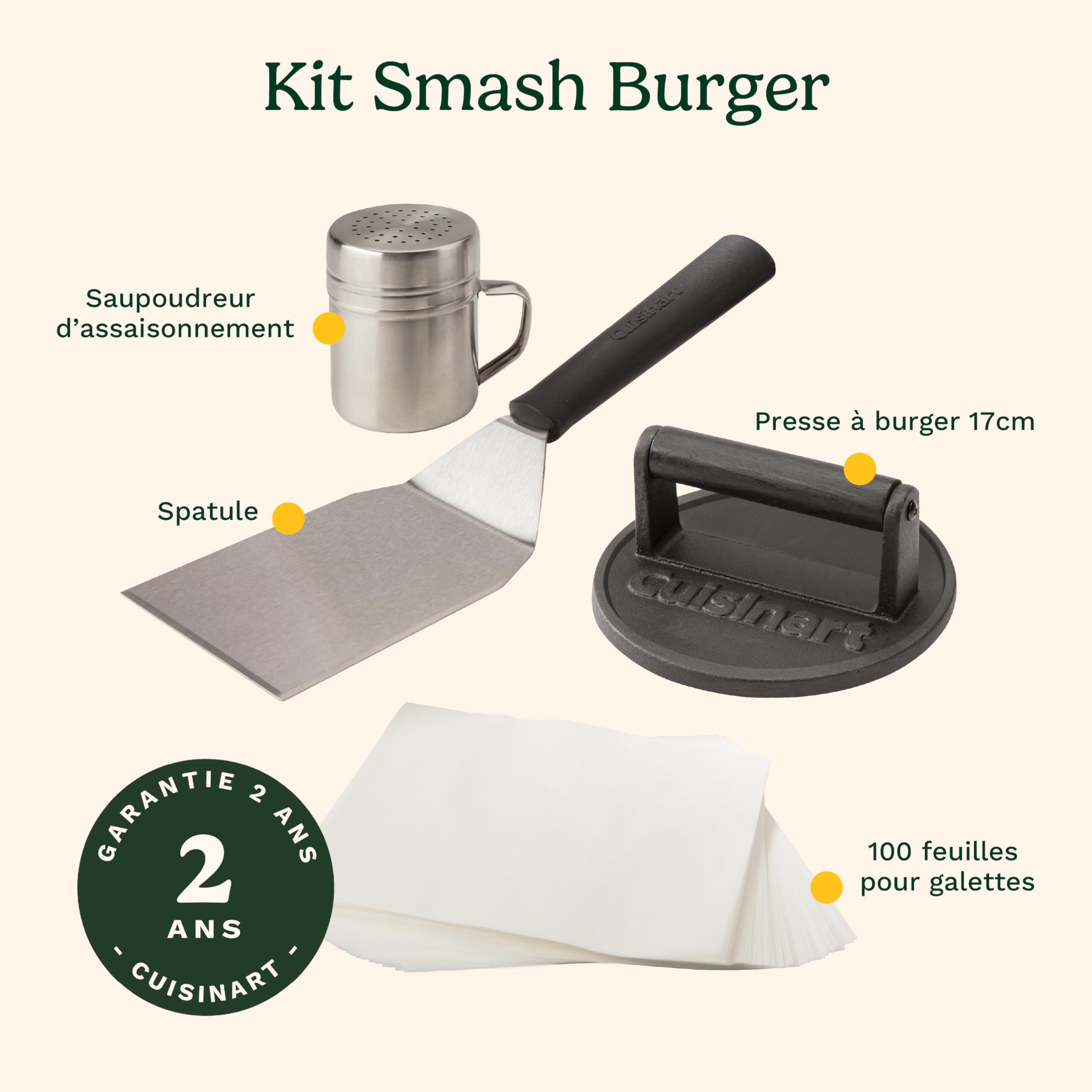 Cuisinart kit Presse à Burger Fonte 17 cm. Presse Smash Burgers avec spatule et Feuilles antiadhésives. Lourde pour Bords croustillants. BBQ, plancha, poêle, Indoor/Outdoor.