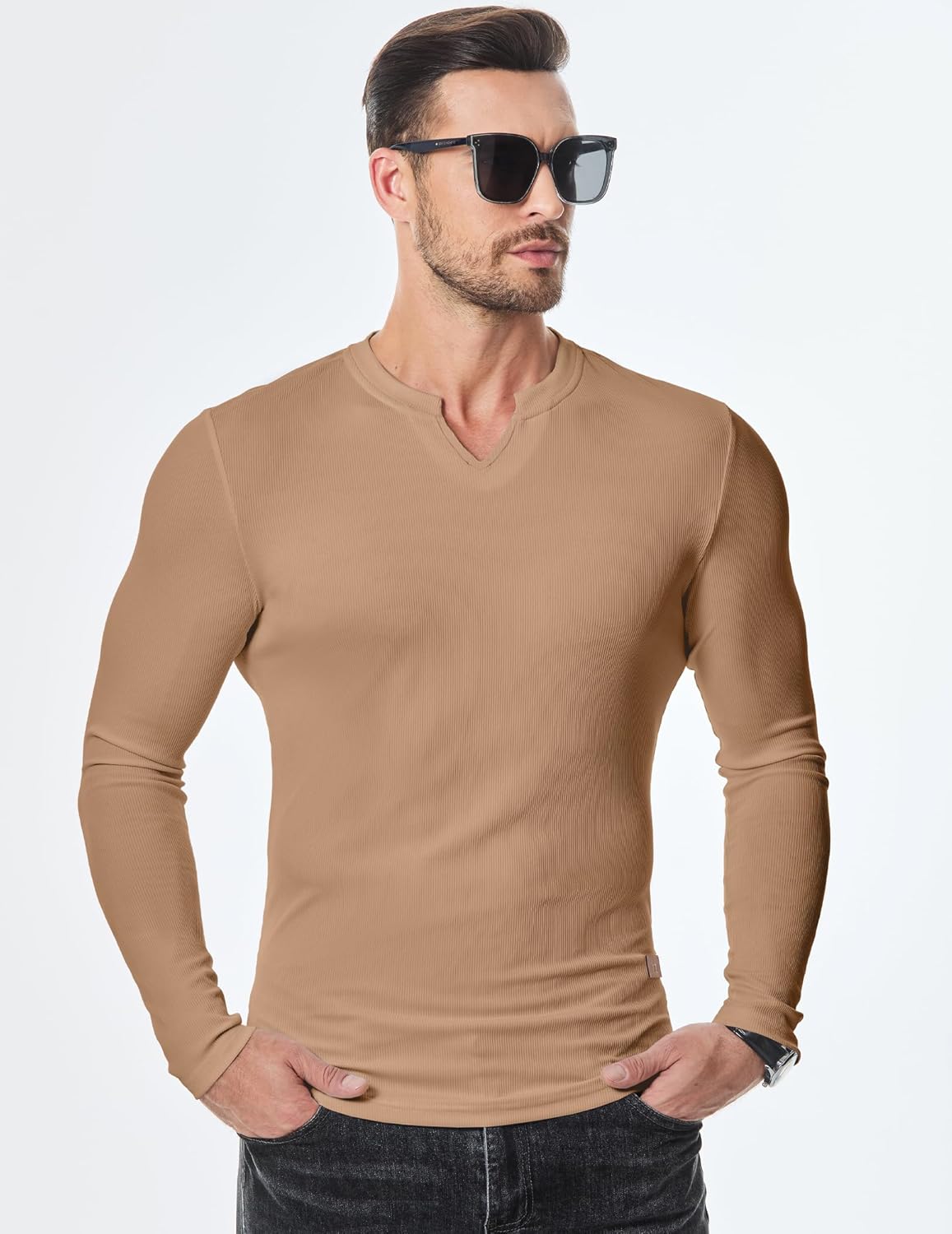 JMIERR Mens Long Sleeve Muscle T Shirts Casual V-Neck Longline Ribbed Tee Shirts - Image 2