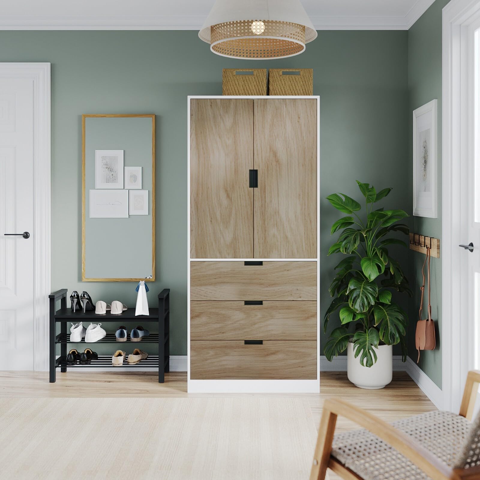 URBNLIVING Modern 2 Door Wardrobe with 3 Drawers & Hanging Rail, Stylish Freestanding Storage, Spacious Interior - Image 4
