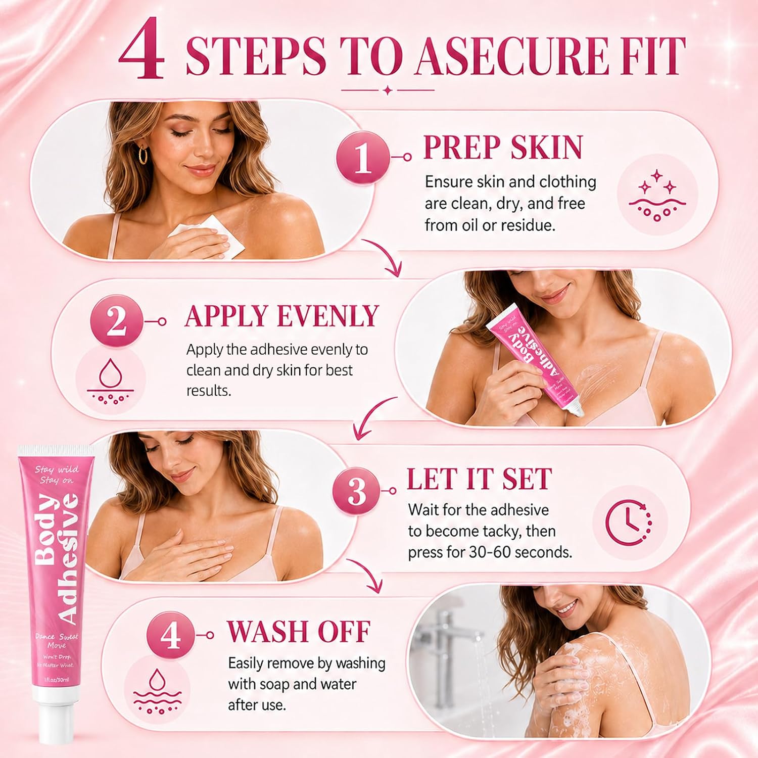 Body Adhesive Glue for Clothes & Skin, Sweat Resistant Water Wash Off Body Glue, Fashion Tape Alternative, Clear Clothing Glue for Low-Cut Styles Dresses, Bras, Wigs, Socks, Stockings & Leotards