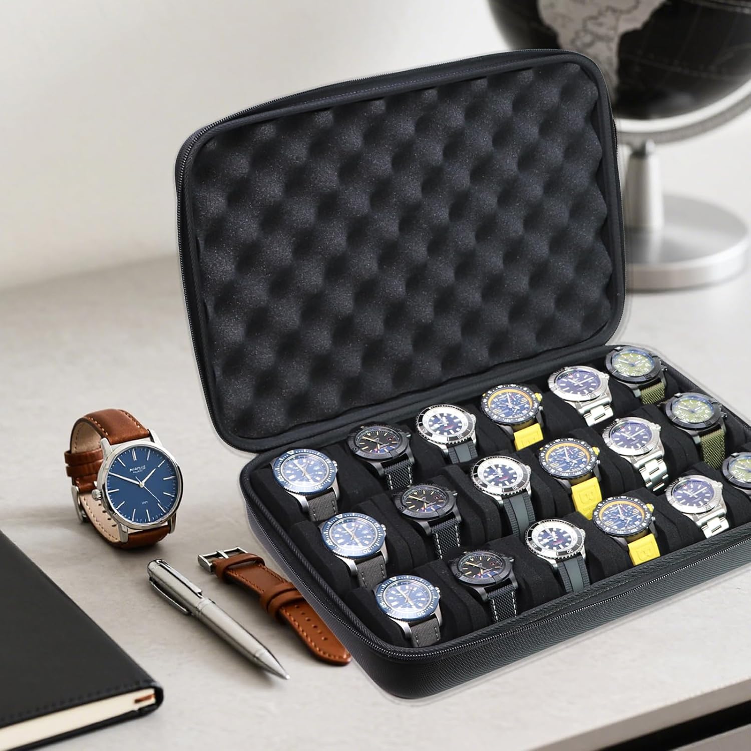 Juntan 18 Slots Hard Watch Travel Case, Portable Nylon Zipper Storage Organizer Box for Men Women with Soft Compressible Foam Pillow Black
