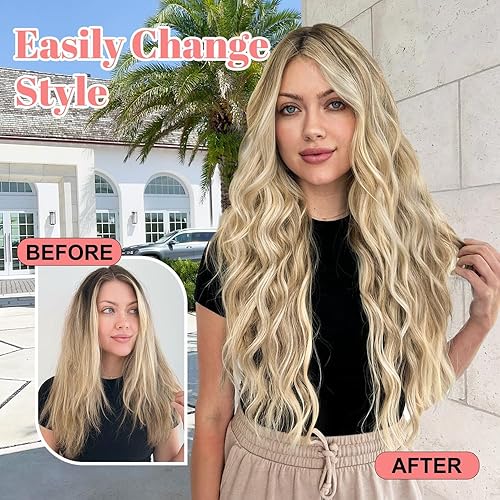 Miniatura 2 de ALXNAN Extensiones de cabello sintético largo y ondulado con clip, 20 pulgadas, rubio playa, 4 piezas, grueso, fibra de doble trama, para mujer