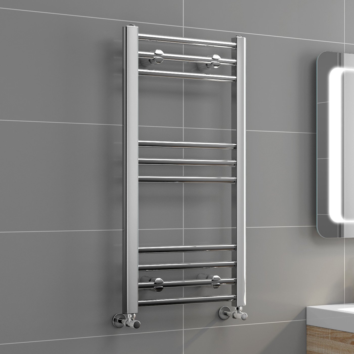 iBathUK Zypher Straight Wall Mounted Heated Towel Rail, 10 Column Steel Hydronic Central Heating High Thermal Output Designer Towel Radiator in Chrome, 800 × 400mm
