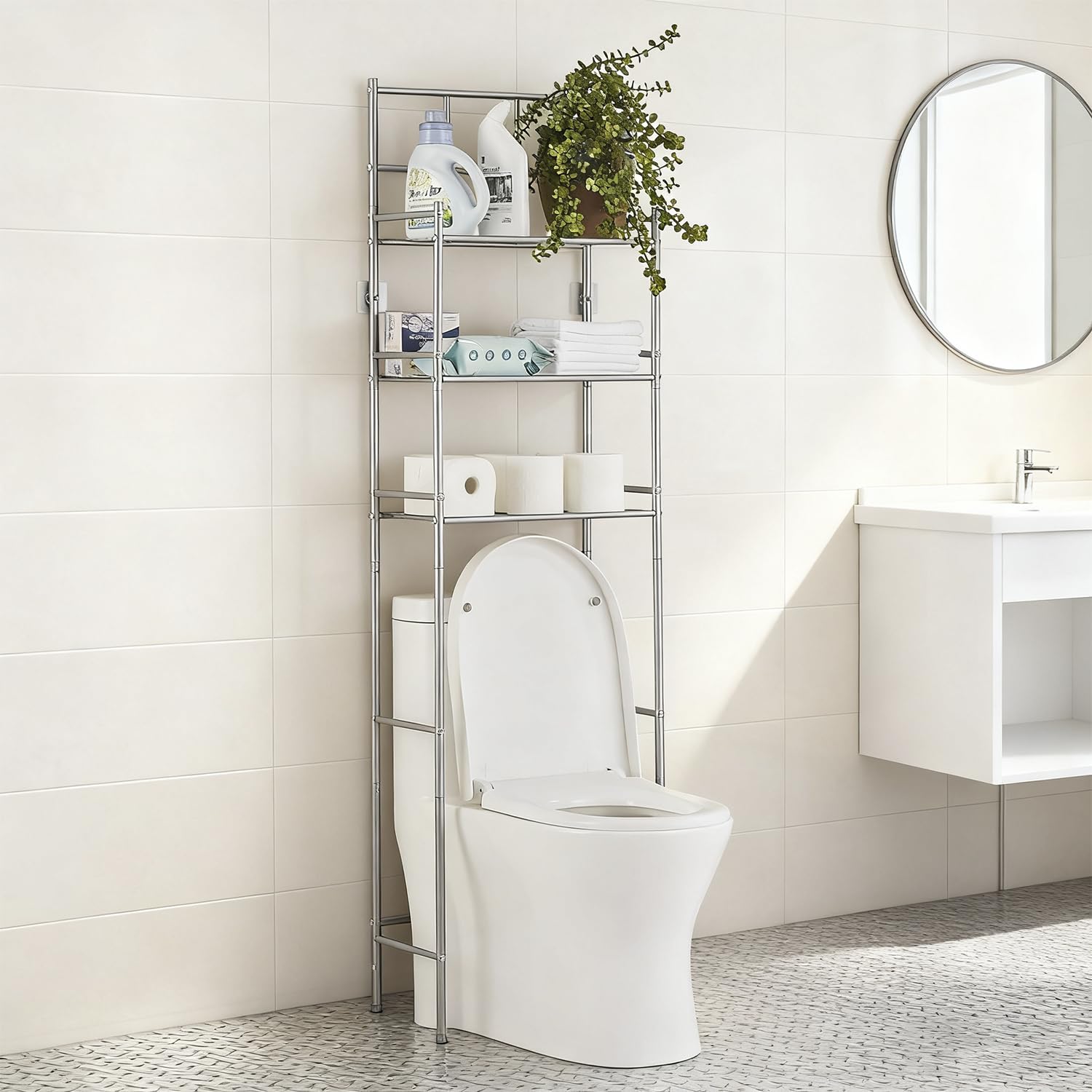 Mobile Sopra WC, Scaffale Sopra Toilette a 3 Livelli | Mensola Portaoggetti Indipendente Metallo, Mobile Bagno Sopra WC Salvaspazio Multifunzione, Scaffale Sopra Lavatrice, Grigio