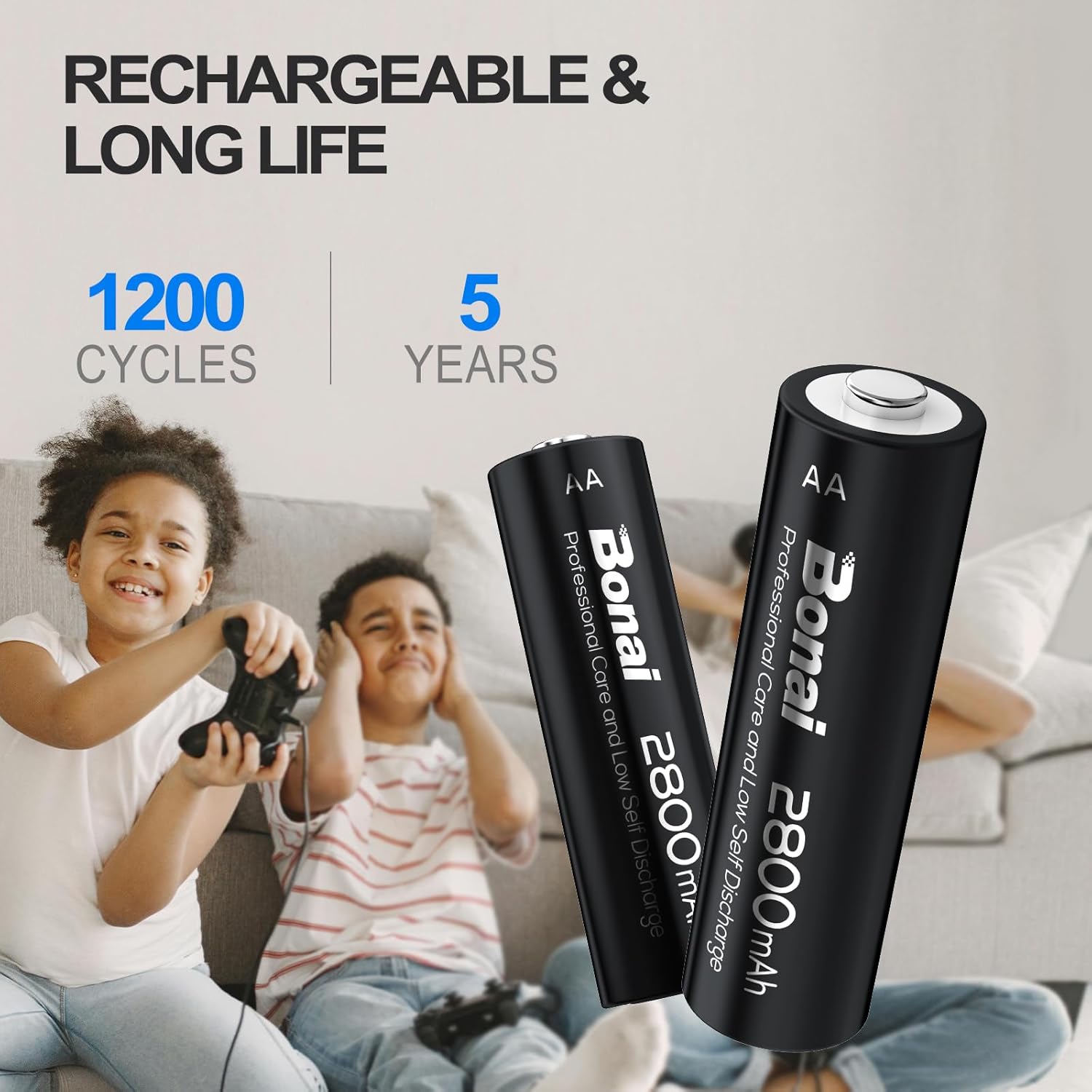 BONAI AA Rechargeable Batteries 2800mAh 1.2V Ni-MH Low Self Discharge-8 AA