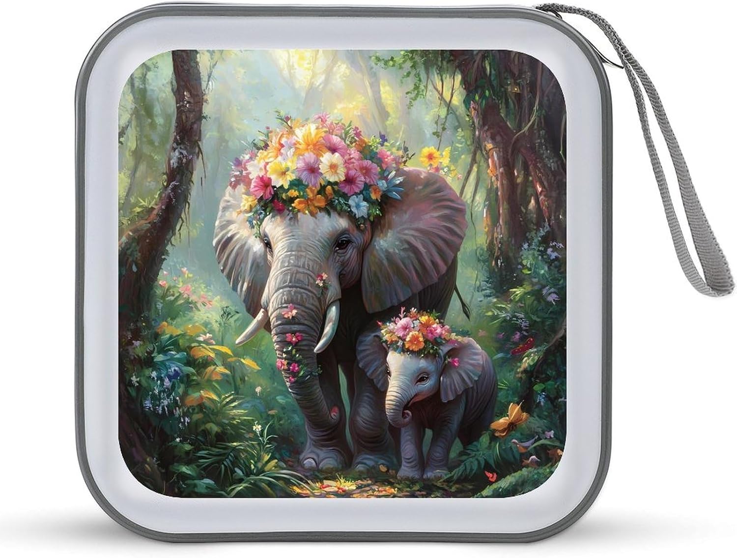 Elephants with Flowers in Spring CD Case Portable DVD Storage Box CD Wallet Holder Binder Organizer for Car Home