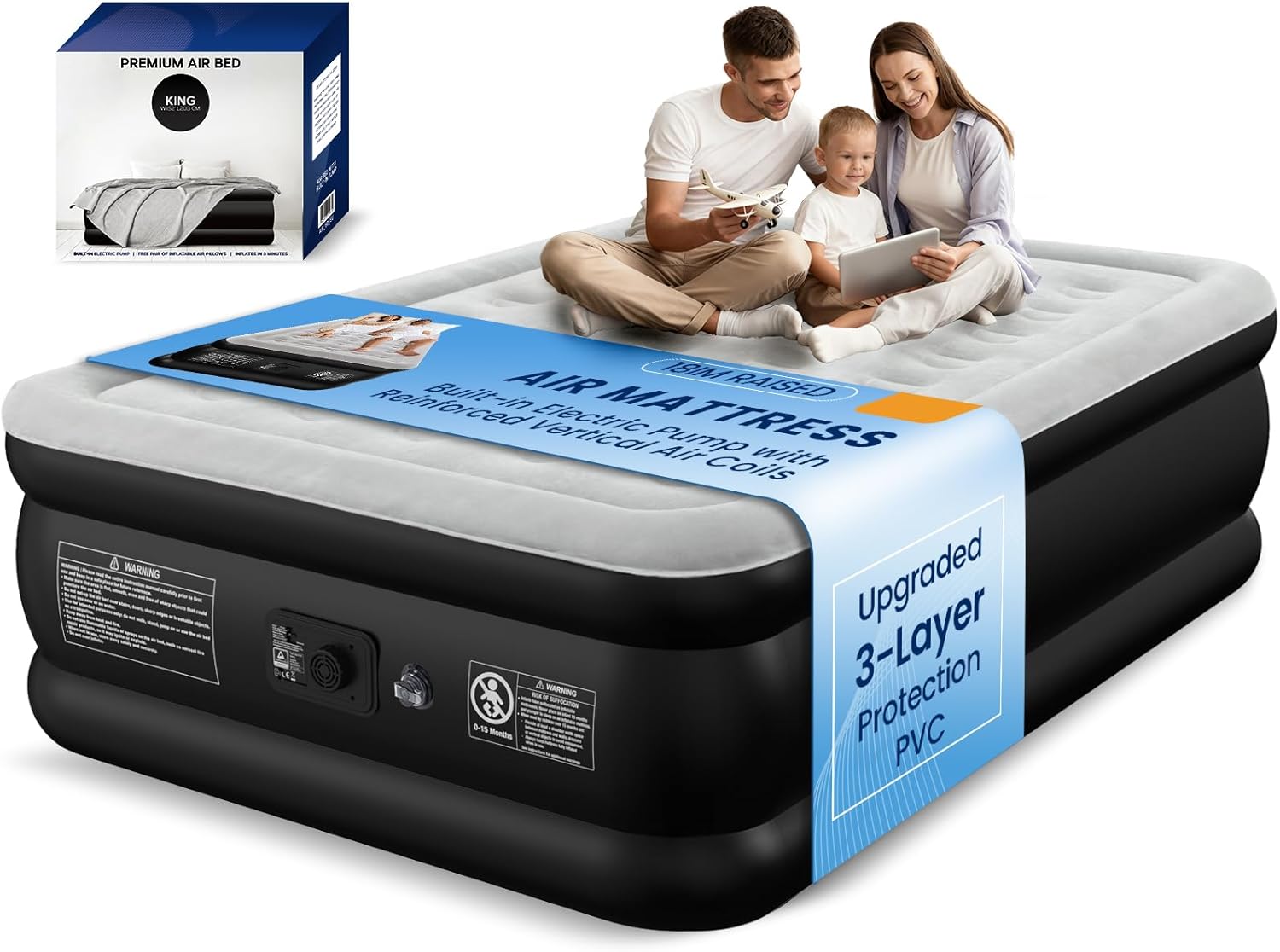 Queen Air Mattress with Built-in Pump, Heavy-Duty 800 lbs Support, 48-Hour Leak-Tested, Upgraded 3-Layer Protection PVC, 3 Min Fast Inflation, Portable Air Bed for Home, Guest & Camping