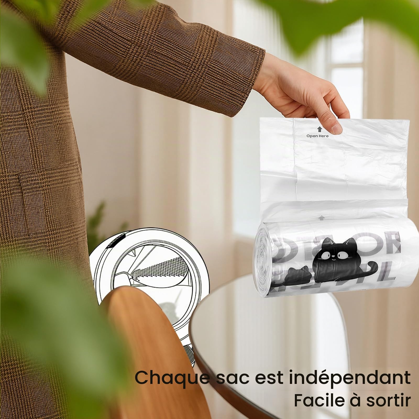Lot de 90 sacs à litière pour chat, modèle robot, 5/4/3, résistants aux déchirures, transparents, compatibles avec les capteurs, pré-séparés, sacs à litière automatiques, capacité de 24,5 à 38 litres