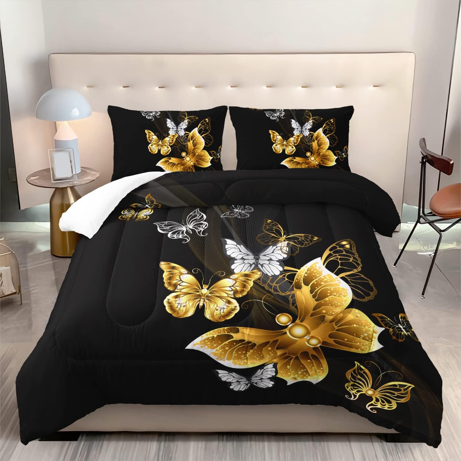 XYNHML Butterfly Comforter Set for Adults Black and Gold