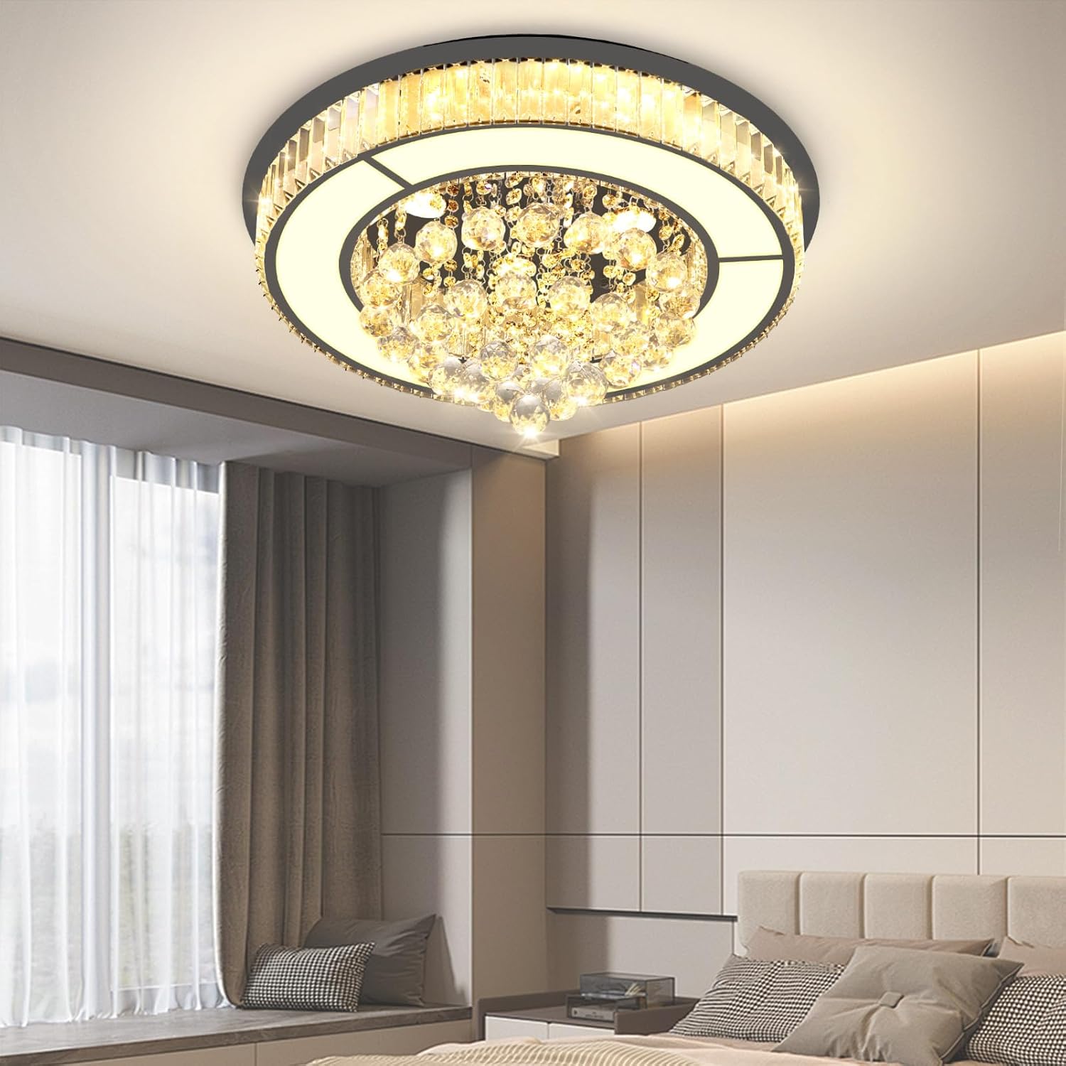 24" Modern Crystal Chandeliers for Dining Room LED Dimmable Flush Mount Light Fixtures Living Room Bedrooms Black