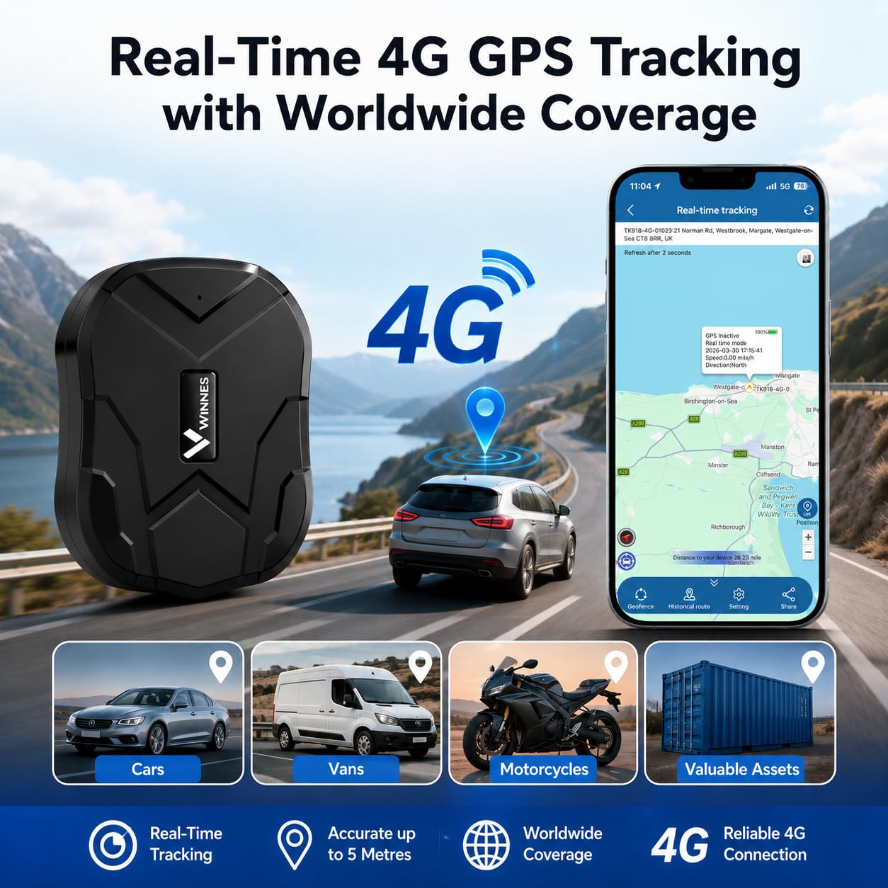 4G GPS Tracker per Auto Localizzatore GPS per auto 10000mah Impermeabile IP67 APP Compatibile iOS e Android,Antifurto,Geo-fence,Tracking in Tempo Reale per Veicolo,Camion,Winnes 4G TK905B