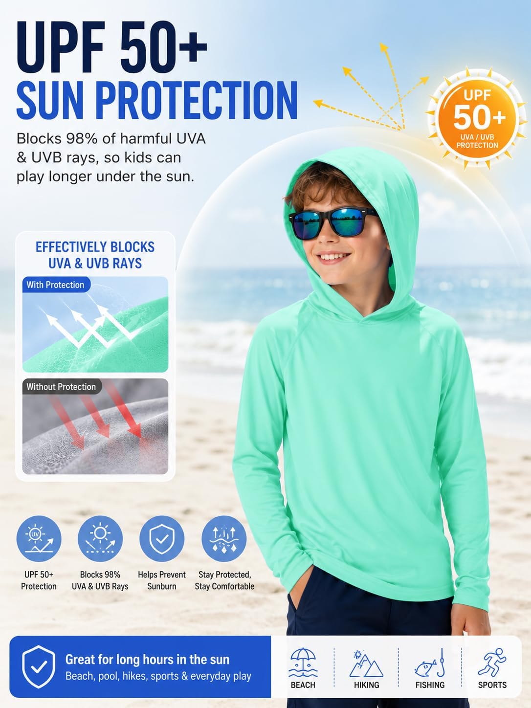 ZITY 3 Pack Rash Guard for Boys Long Sleeve Hooded Swim Shirt Kids UPF50+ Sun Protection Fishing Shirt Lightweight