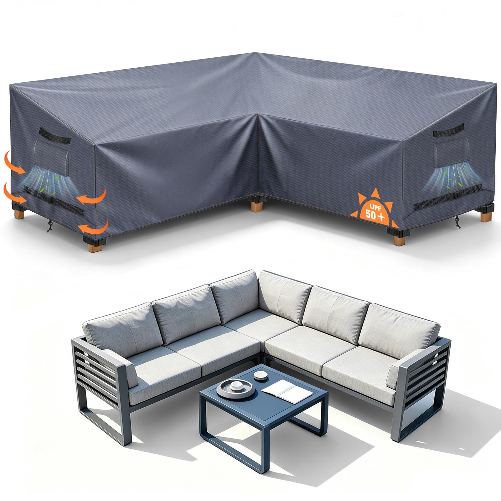 Garden L-Shape Furniture Corner Sofa Cover Waterproof, 255x255x100x80/70cm
