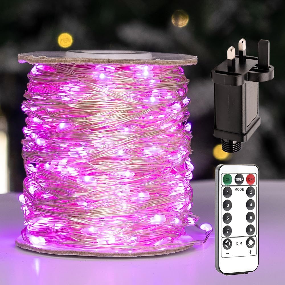 ZELUXDOT LED Fairy Lights Long Silver Wire Plug in String Lights 8 Modes for Wedding Indoor Outdoor Christmas Tree Patio Porch Garden Decoration (100FT/30M, Pink)
