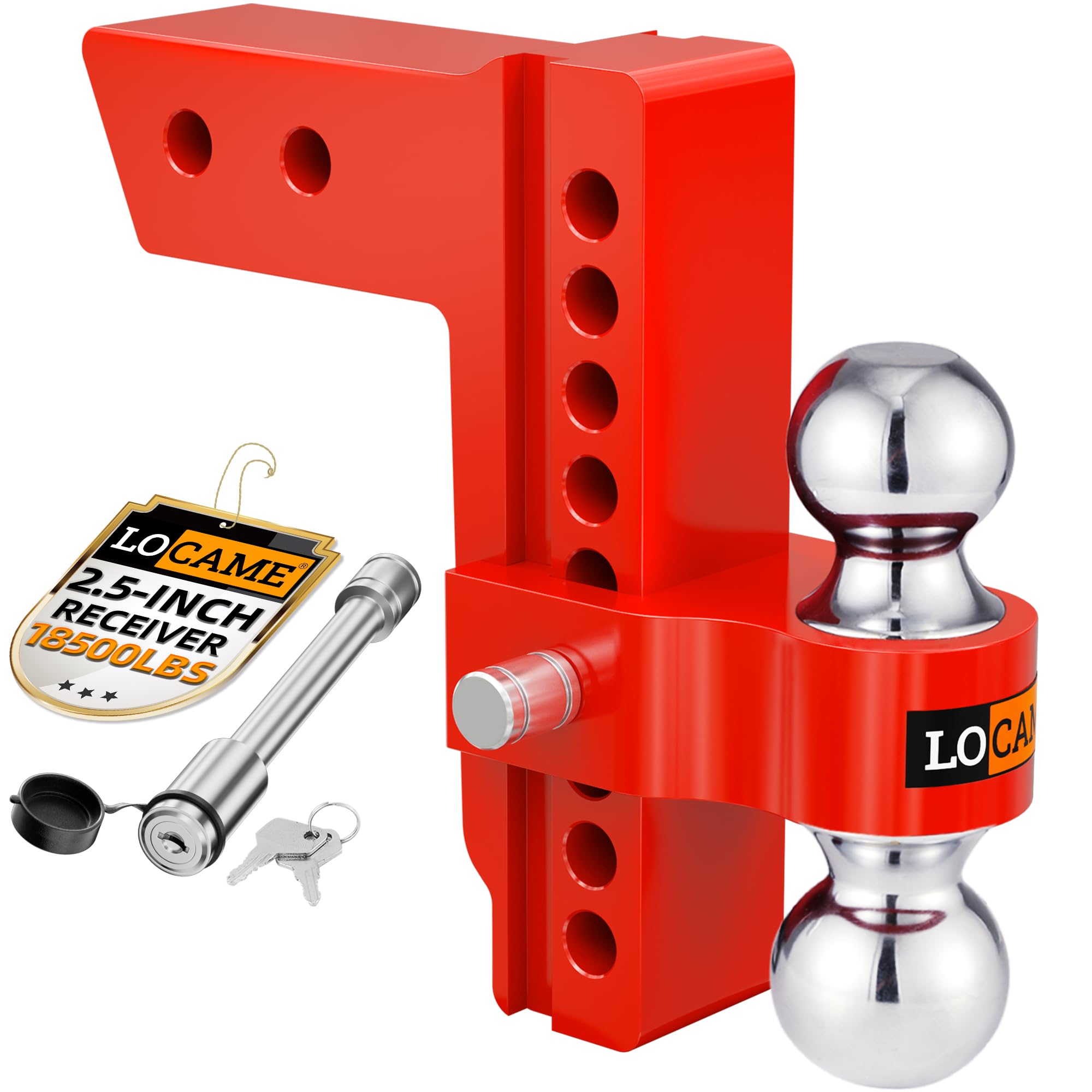 LOCAME Adjustable Trailer Hitch, Fits 2.5-Inch Receiver Only, 8-Inch Drop/Rise Aluminum Drop Hitch,18,500 LBS GTW-Tow Hitch for Heavy Duty Truck with Double Stainless Steel Locks, Red, LC0015