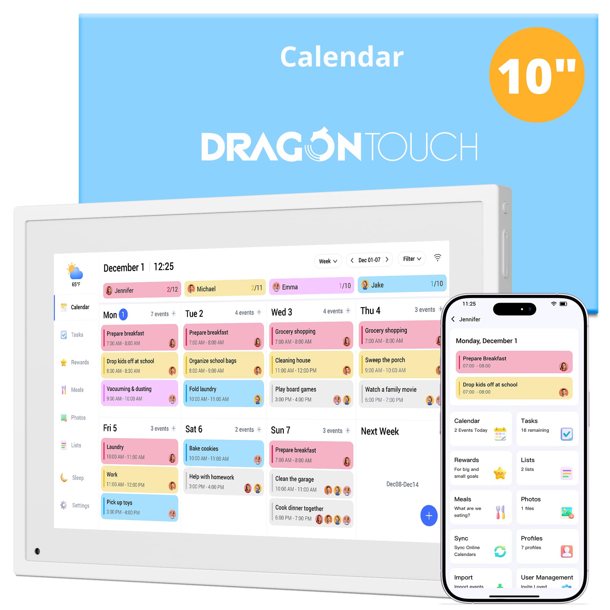 Dragon Touch 10.1" Digital Calendar Chore Chart, 1080P Full HD Interactive Touchscreen, 2026 Smart Family Planner, Electronic Calendar Desk Mountable for Seamless Scheduling, Calendrier numerique